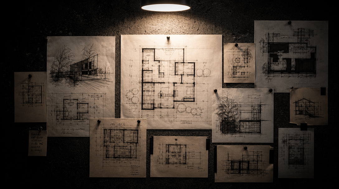 Abstract architectural floor plan sketches and spatial layout drawings pinned to a dark textured cork surface under a fo