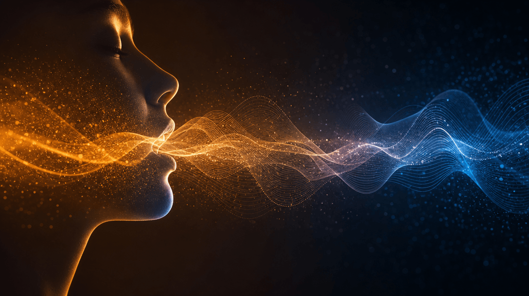 Abstract visualization of sound waves flowing across a human face profile, warm amber-blue gradient lighting, dark backg