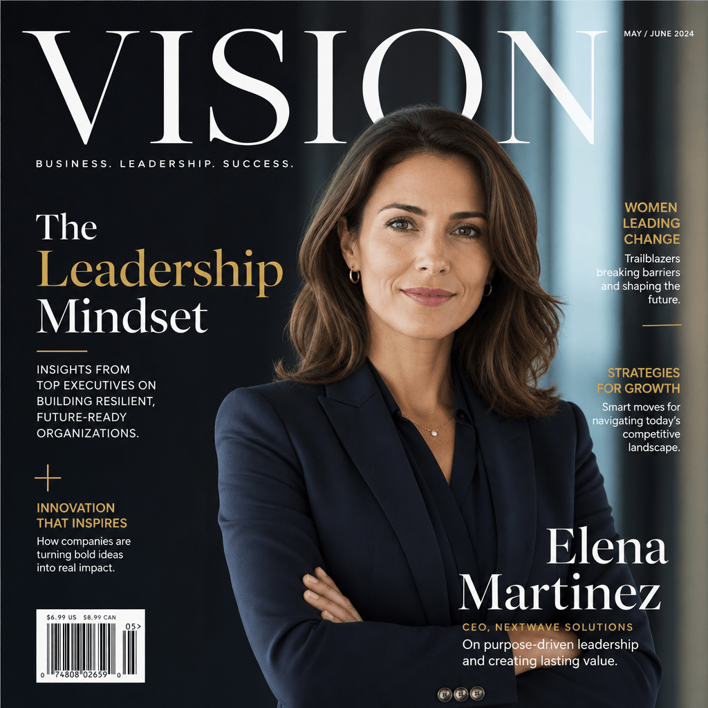 Corporate magazine cover, professional woman in business attire on cover, elegant design, magazine publication aesthetic