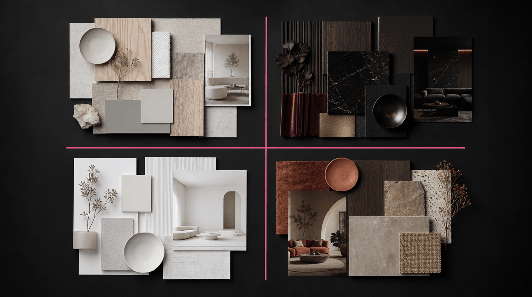 Abstract dark editorial overhead view of four distinct interior design mood boards arranged on a near-black surface — Sc