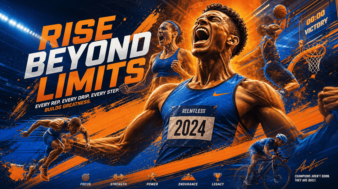 Athletic achievement color harmony composition. Energetic warm orange, vibrant blue tones, powerful layers, professional