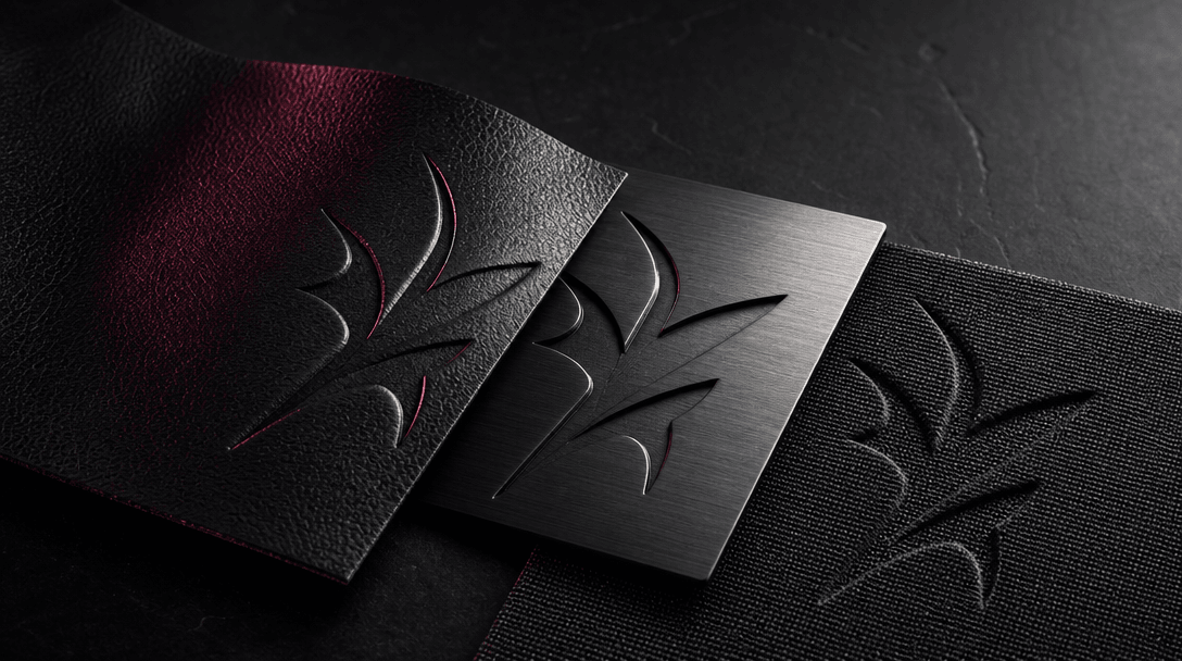 An abstract embossed symbol emerging across leather, brushed steel, and woven fabric samples arranged on a dark studio t