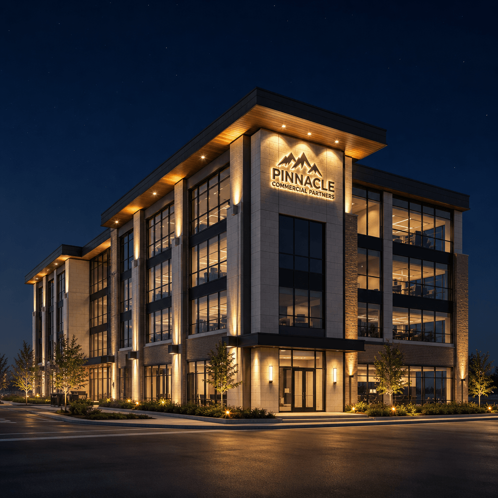 Modern commercial building with professional warm accent lighting at night, realistic architectural illumination, high-f