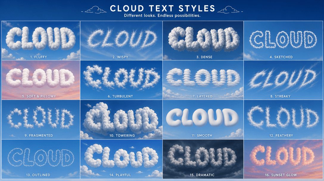 Grid of different cloud text styles and variations - fluffy, wispy, dense, sketched - arranged artistically showing cust