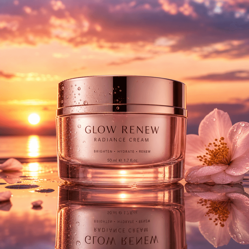 A close-up of a beauty product with a vibrant sunset sky reflected in a glossy surface, highlighting the product's featu