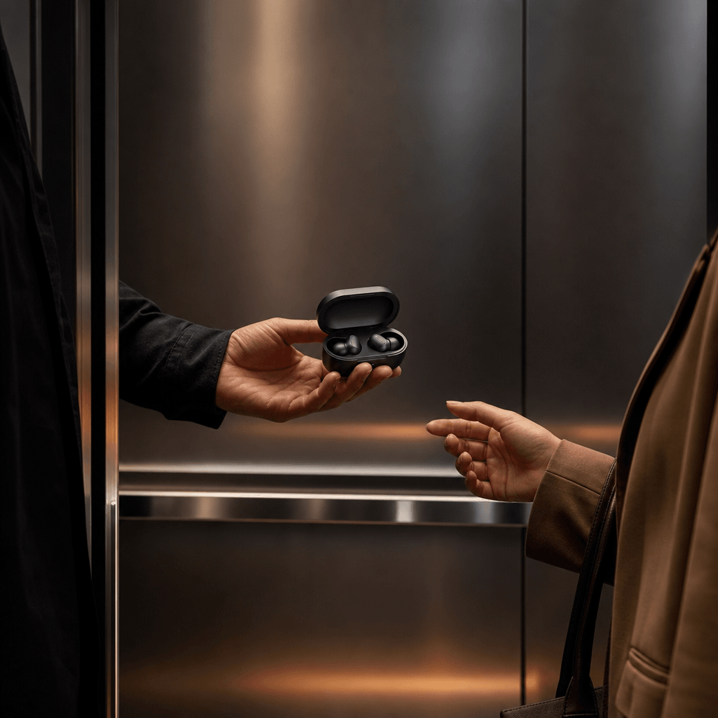 A pair of wireless earbuds in an open charging case offered between two commuters inside a minimalist elevator, sophisti