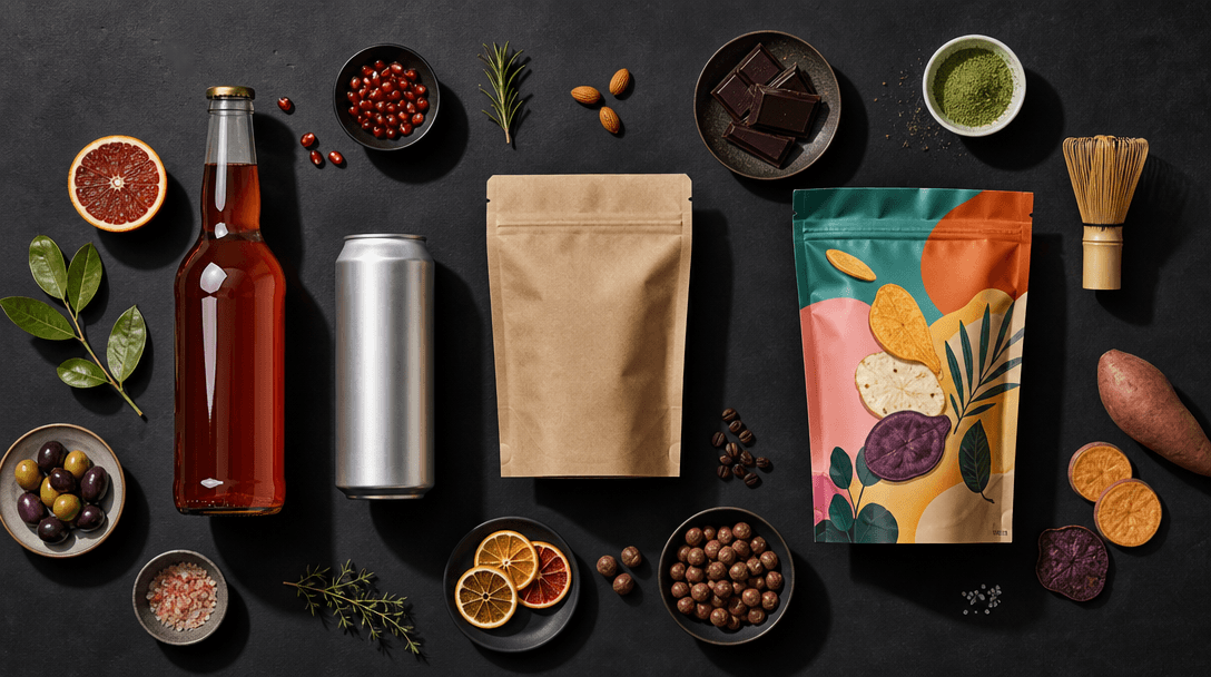 Overhead flat-lay arrangement of diverse food and drink products — a glass bottle, an aluminium can, a kraft coffee bag,