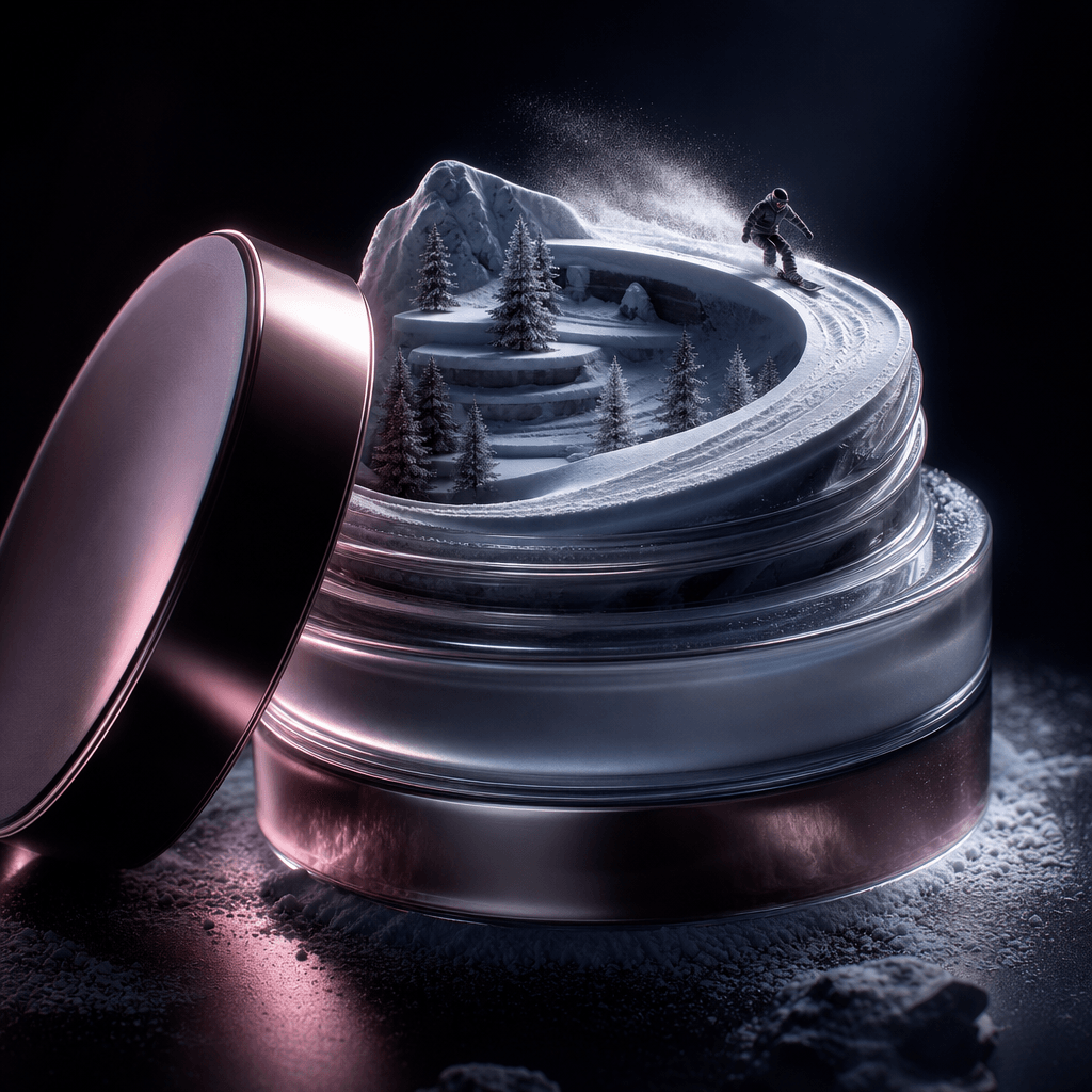 A luxury cosmetic jar becomes a terraced winter landscape, its glass rim forming a sweeping ski ridge for a miniature ri