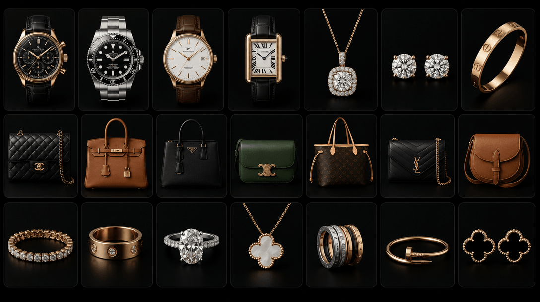 Mosaic of product tiles materializing in rapid sequence — luxury watches, leather bags, jewelry appearing and settling i