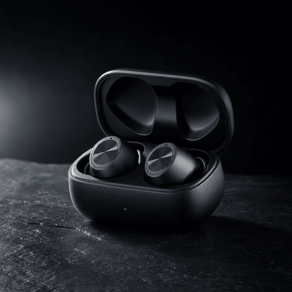 Square editorial electronics product shot: wireless earbuds in an open matte case lit dramatically from the left on a da