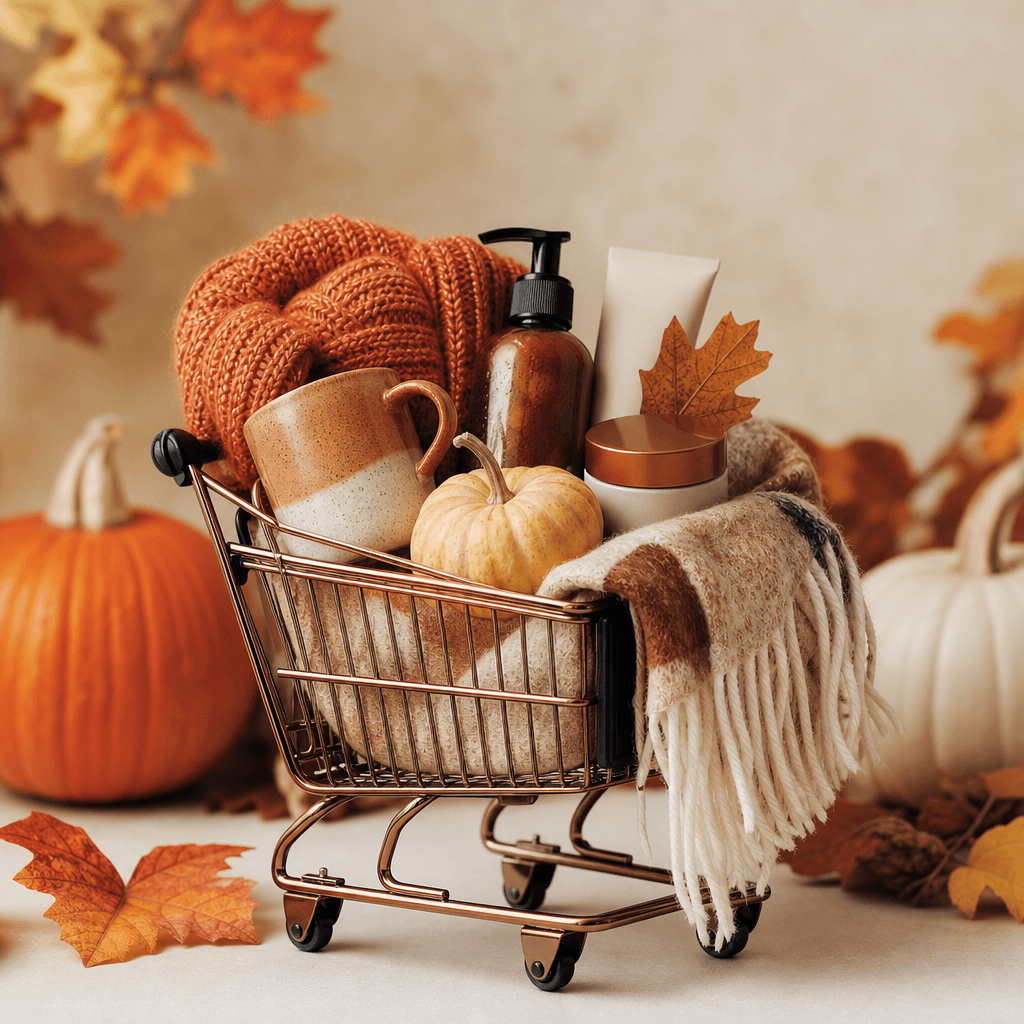 Seasonal product collection in cart, editorial magazine quality, coordinated styling, professional composition, no text.