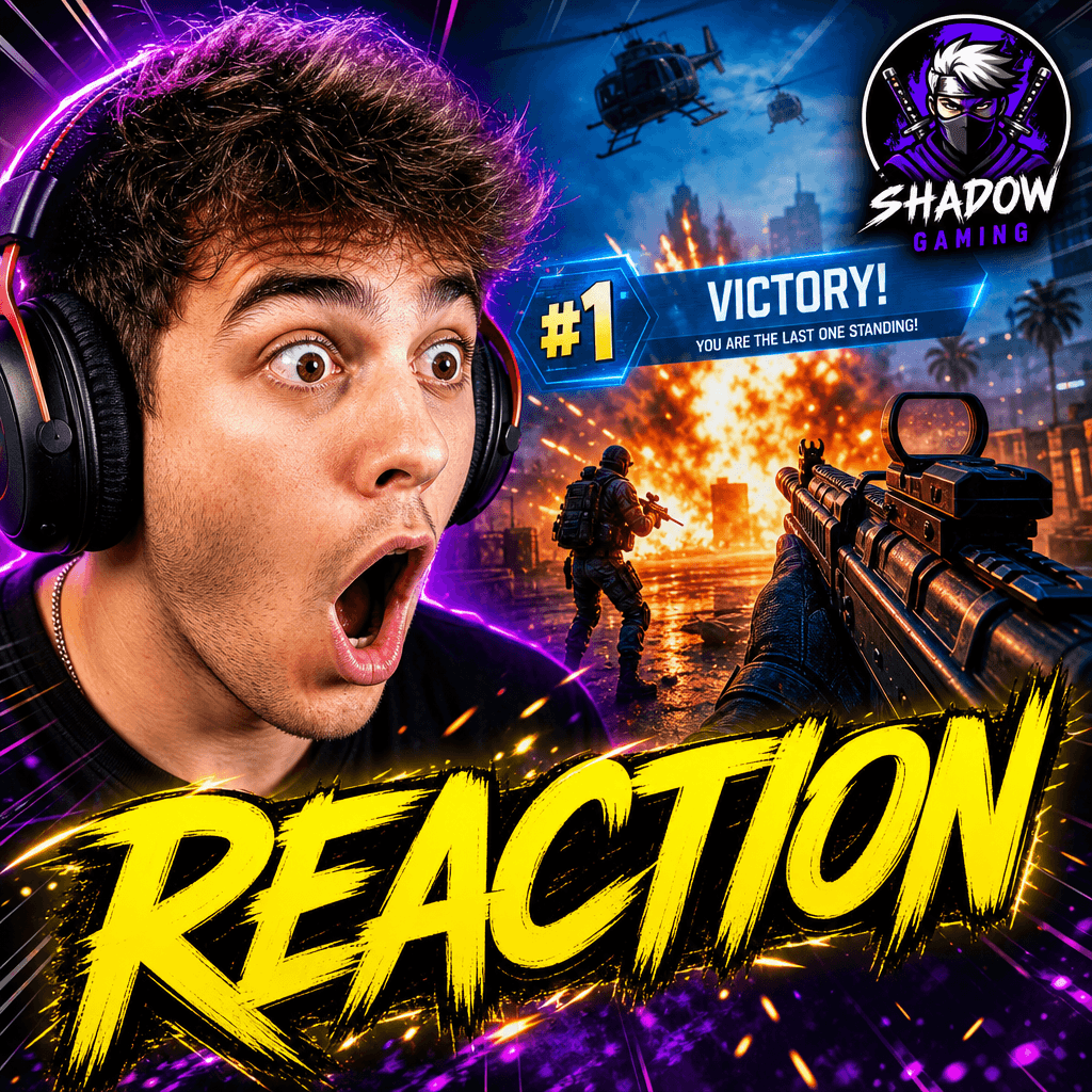 YouTube gaming thumbnail: Intense gamer reaction face, vibrant neon colors, game screenshot in background, bold yellow '