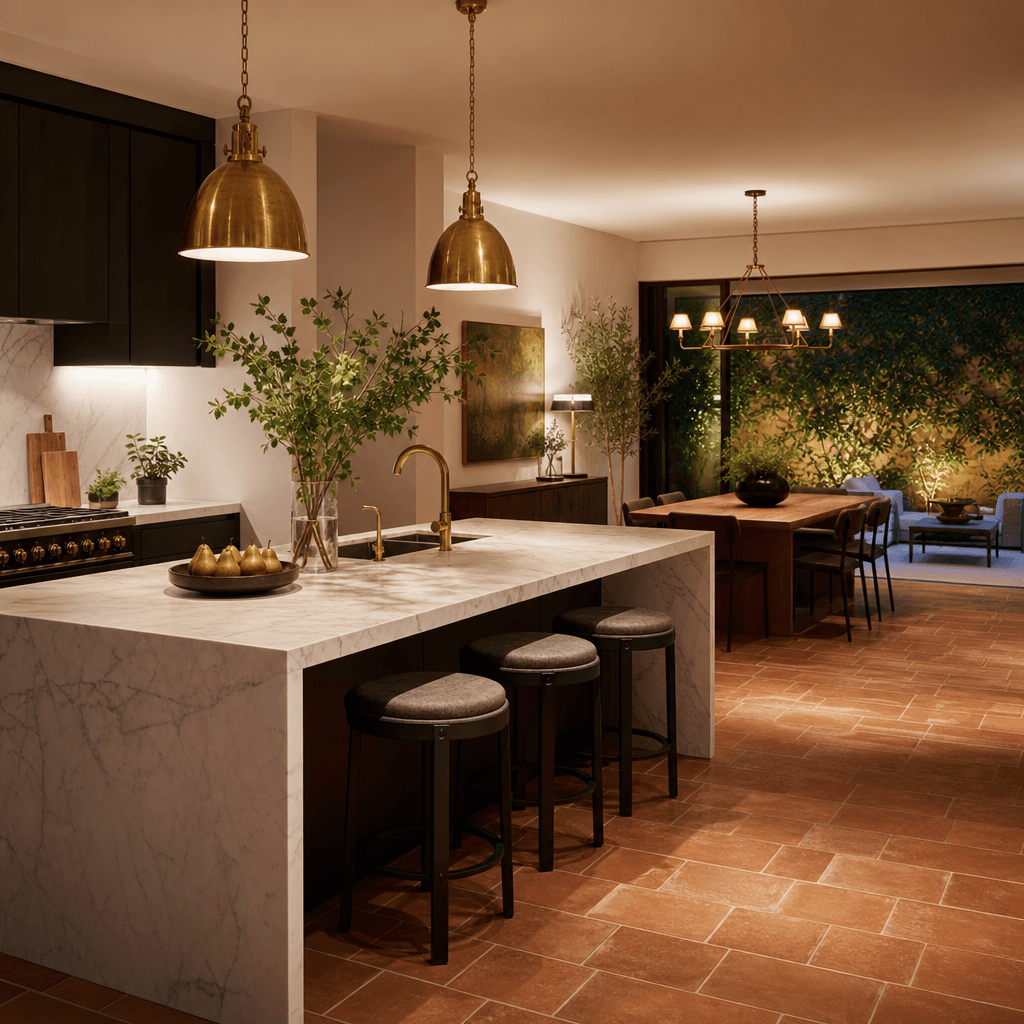 Open-plan kitchen and dining area with marble island, pendant brass lighting, and terracotta floor tiles. Warm evening a