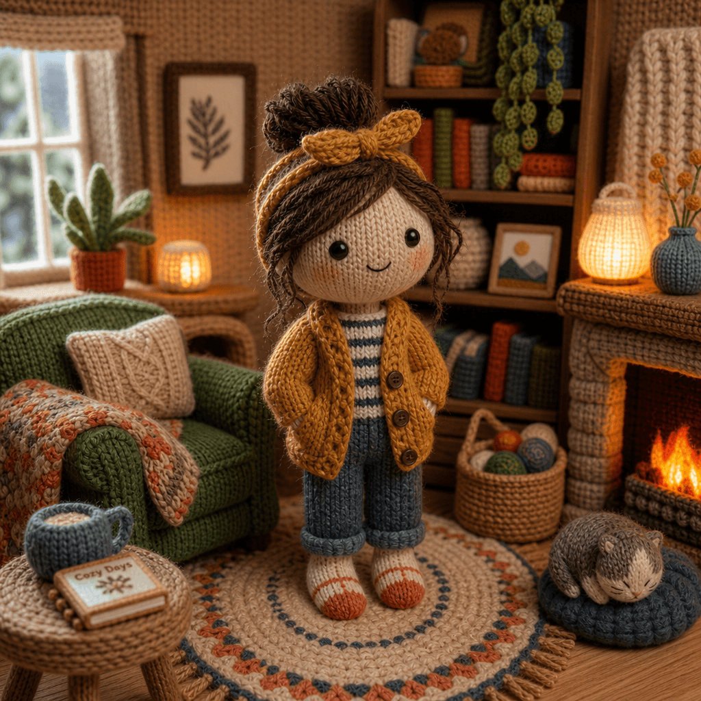 Knitted character figure in a cozy interior diorama scene, warm ambient lighting, textile elements surrounding, knit tex