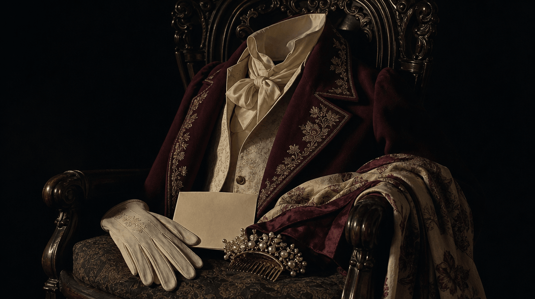 An atmospheric Regency wardrobe study arranged on a dark carved chair: embroidered tailcoat, silk cravat, pearl hair orn