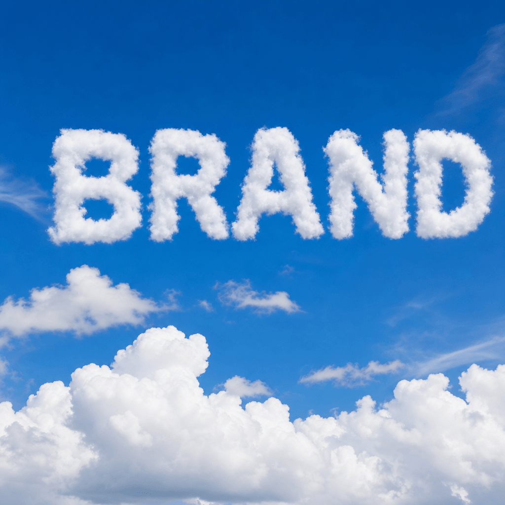 Clean white cloud text reading 'BRAND' against bright blue sky, photorealistic clouds with depth, high contrast, profess