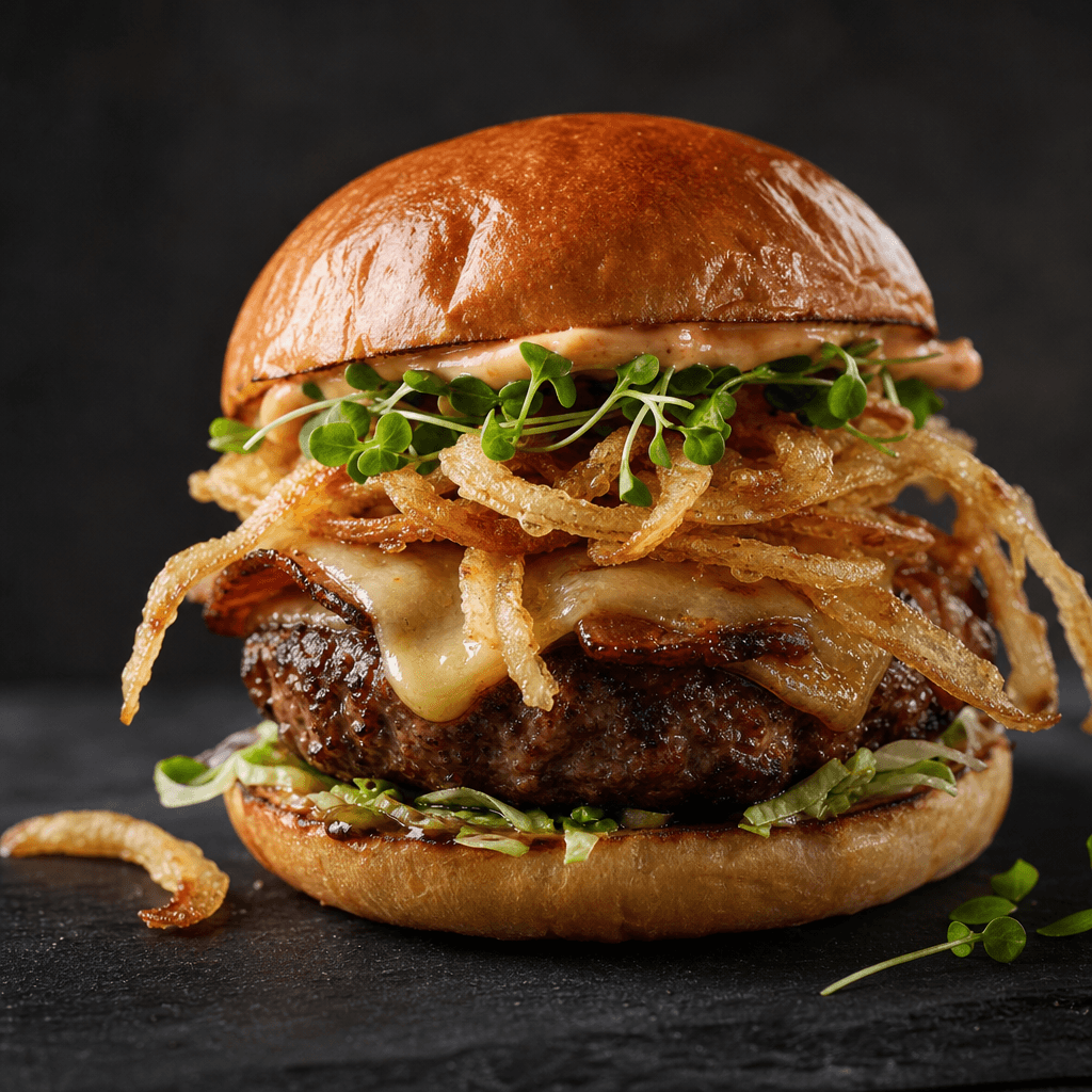 Editorial food photography: a beautifully plated gourmet burger on a dark slate surface, single professional overhead so