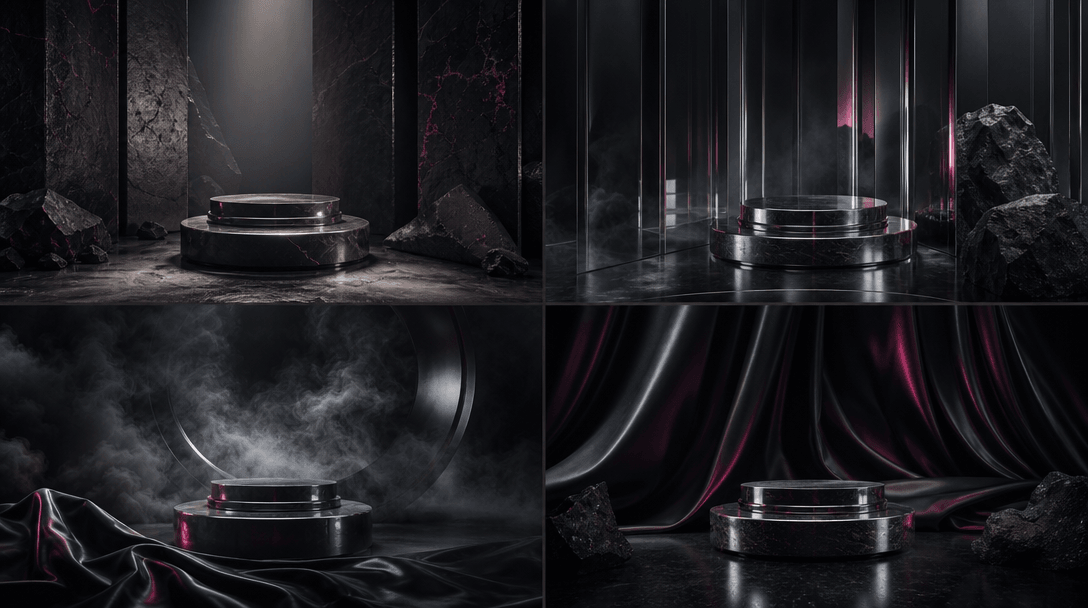 Four adjacent cinematic environments built from stone, chrome, smoke, and satin, each framing the same abstract product 