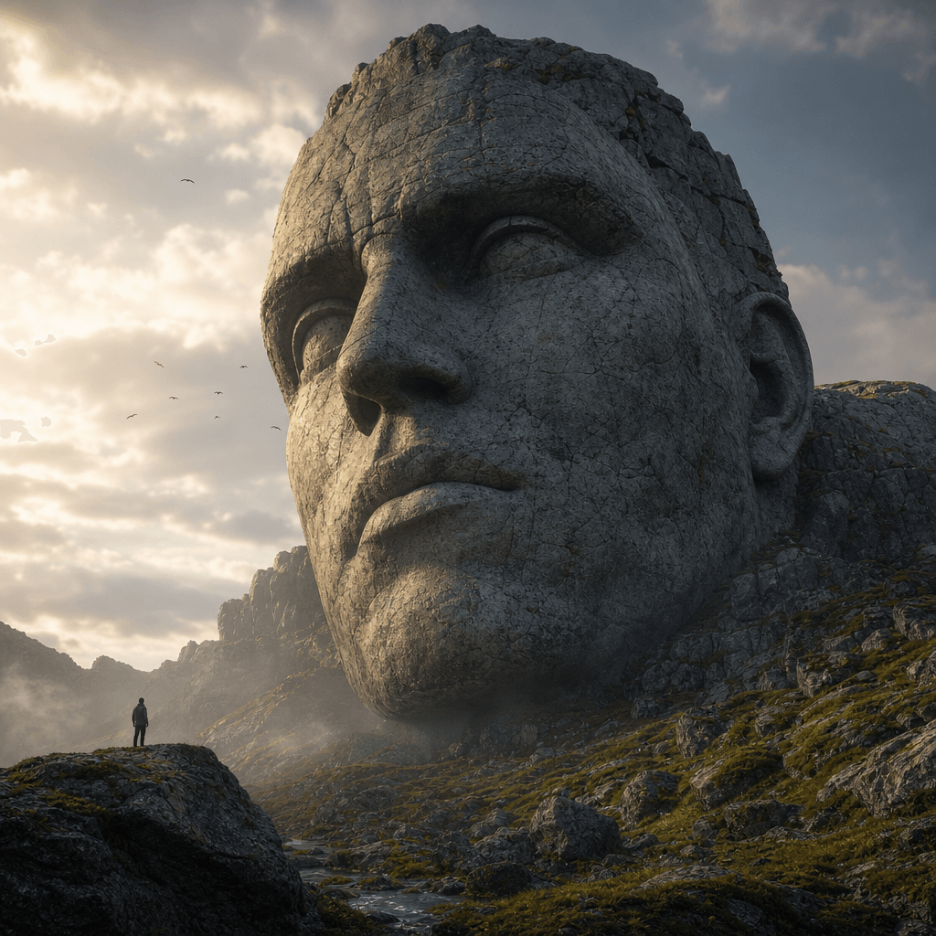 Colossal stone head emerging from landscape, monumental scale, textured granite surface, cinematic perspective