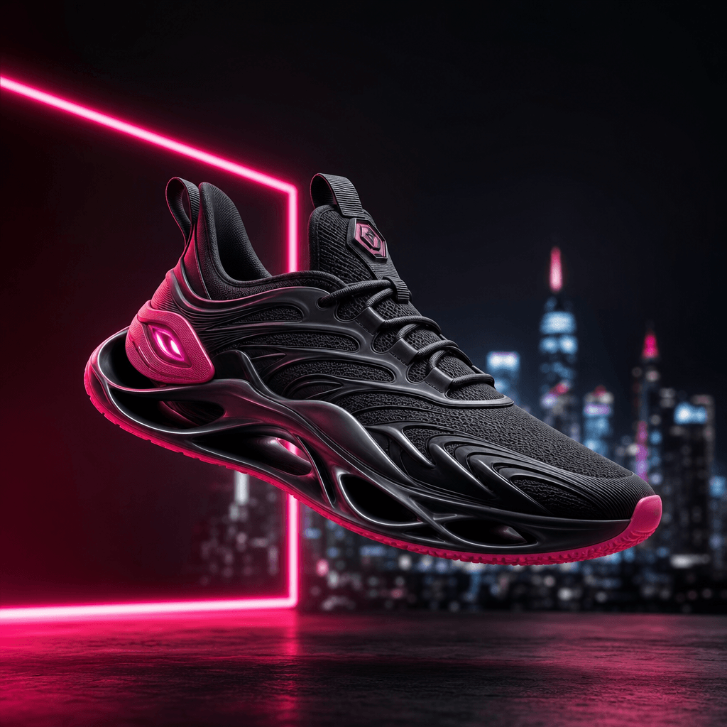 Futuristic designer sneaker levitating above blurred neon-lit city skyline. Dark studio setting with geometric hot pink 
