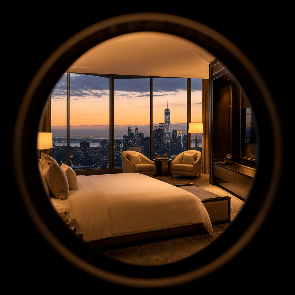 Penthouse hotel suite revealed through a cinematic circular keyhole vignette — king bed with crisp white linen, floor-to