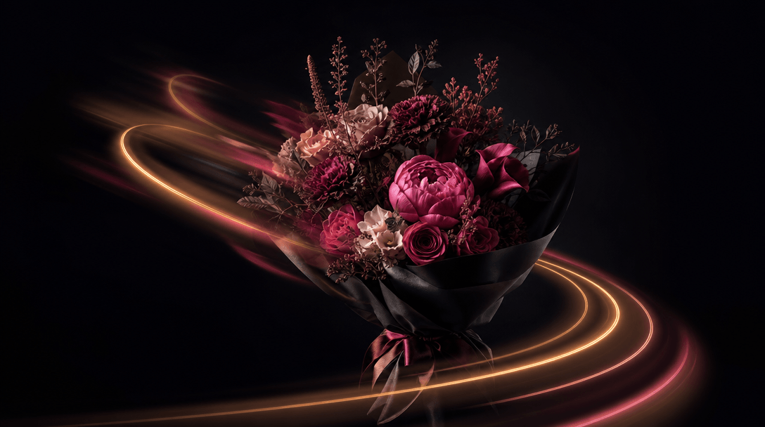 A single luxury bouquet emerging from darkness as curved trails of warm light sweep around it like a delivery route in m