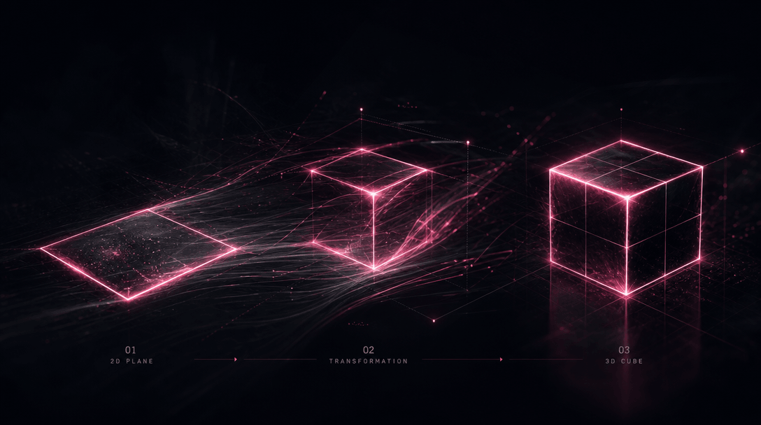 Abstract visualization of 3D geometric transformation: 2D flat plane morphing into dimensional isometric cube structure.