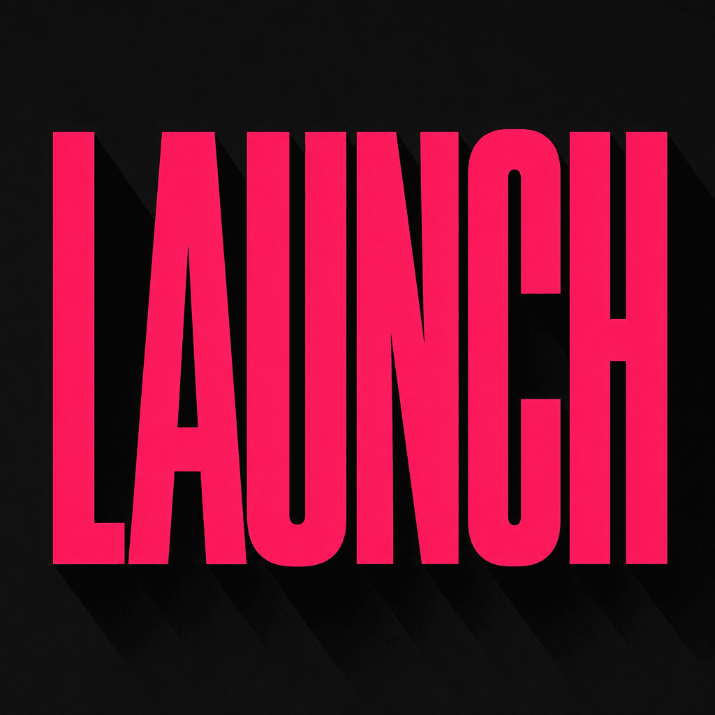 Single typography poster with the word 'LAUNCH' in bold geometric sans-serif, hot pink text on dark background, sharp sh