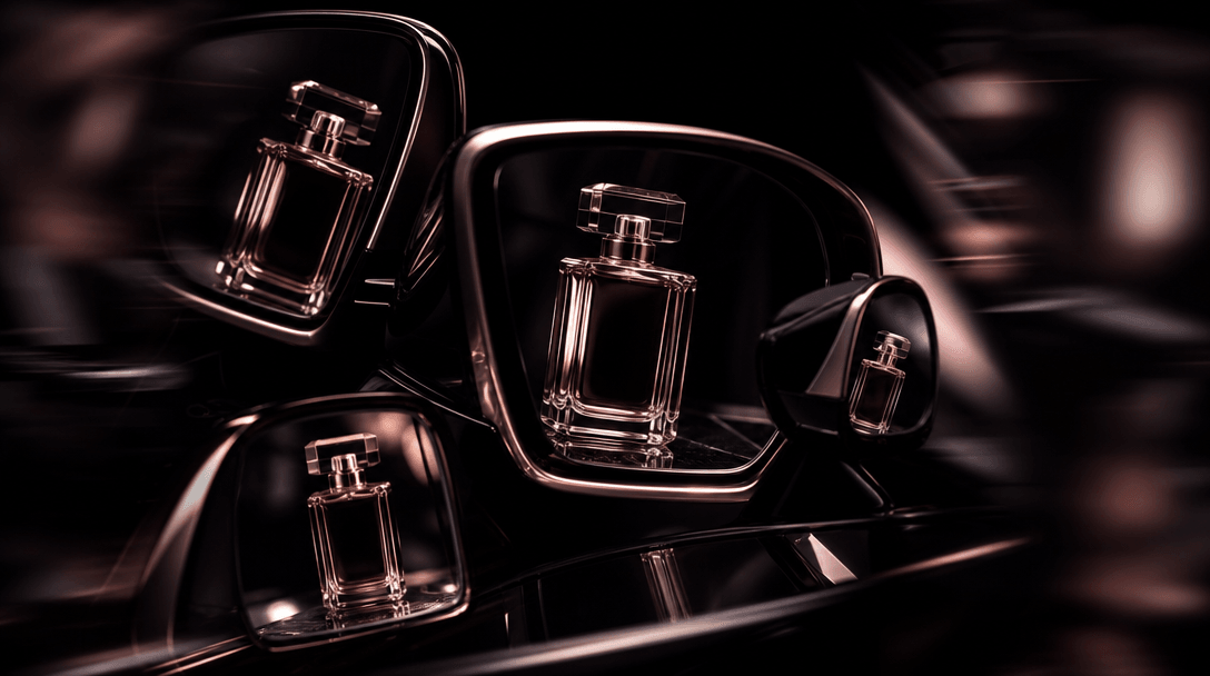 An abstract arrangement of overlapping automotive mirrors reflecting a single perfume bottle from complementary angles, 