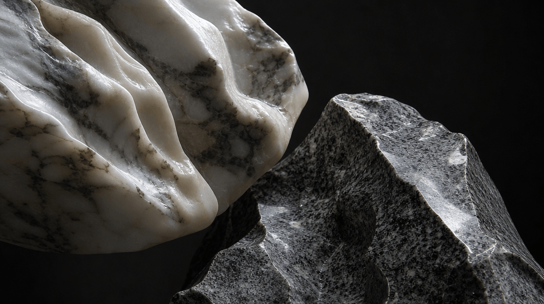 Close-up of marble and granite stone textures with light play, sculptural surface detail, studio lighting, artistic mate