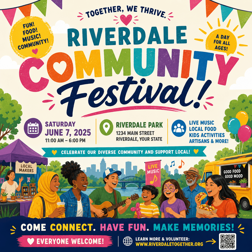A vibrant community or festival event poster with playful colors, illustrated graphics, and fun typography. Clear event 