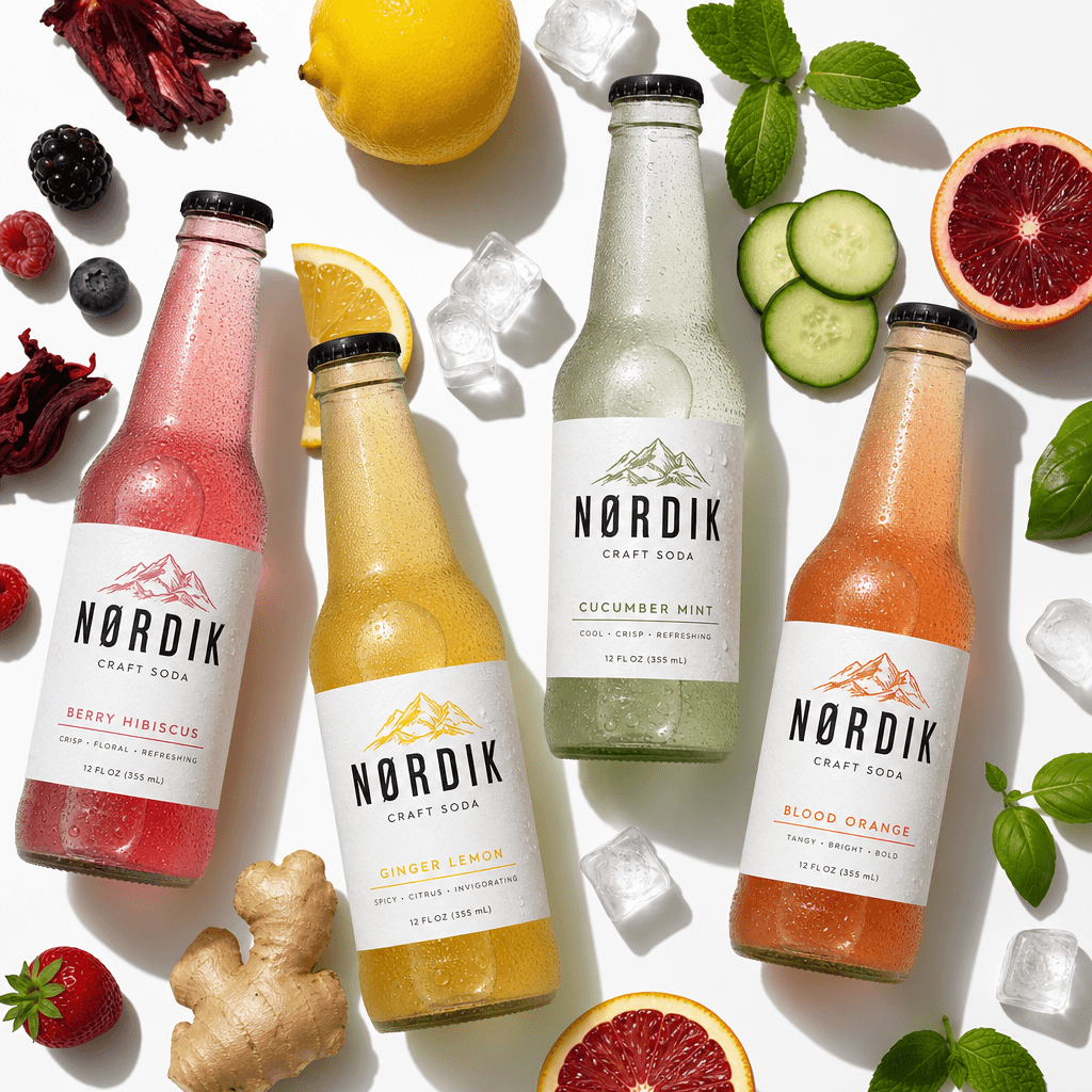 Ecommerce product photo square format: premium craft beverage bottles with fresh condensation and garnish arranged on wh