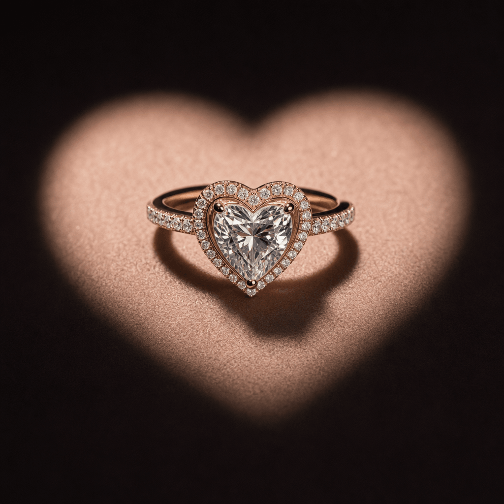 Heart-shaped spotlight illuminating luxury jewelry ring, dark dramatic lighting, professional studio photography, no tex