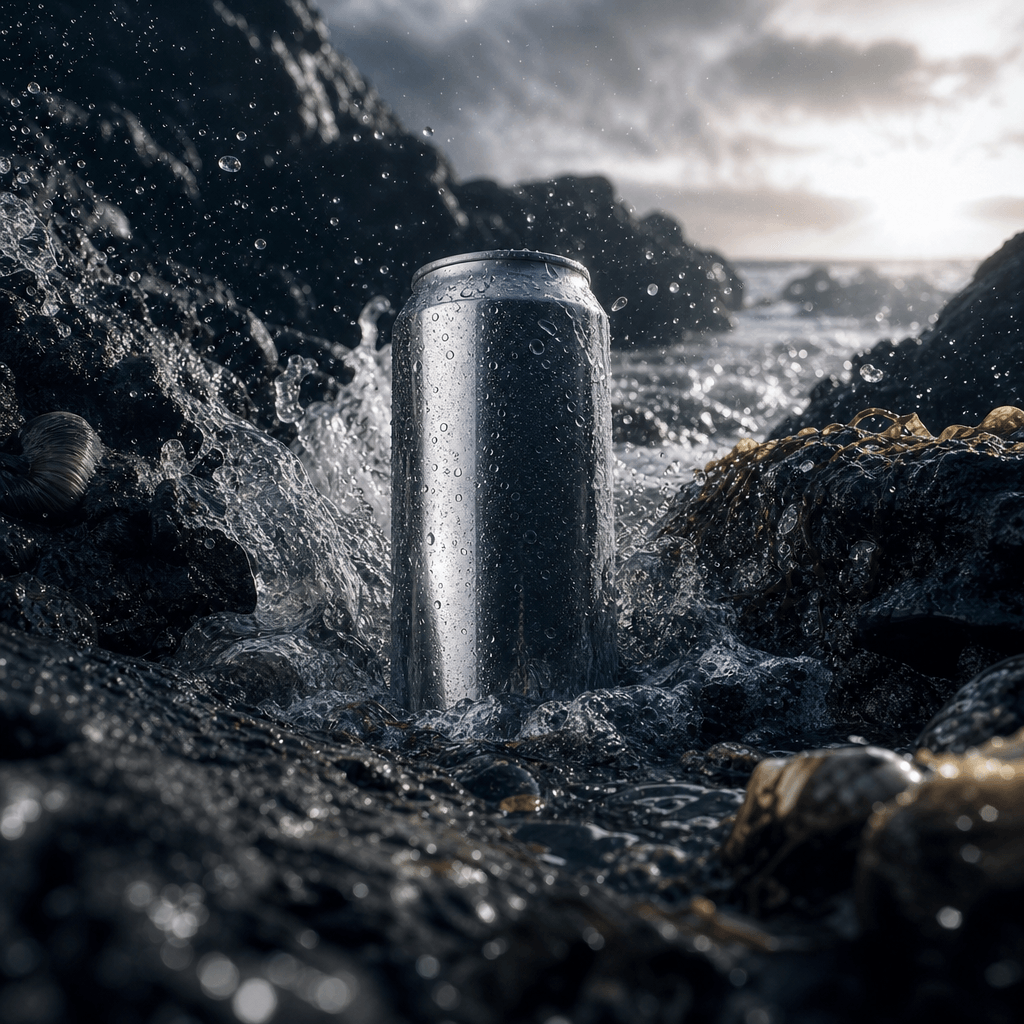 A chilled sparkling drink can emerging from a dramatic coastal tide pool, surrounded by black volcanic stone, sea spray,