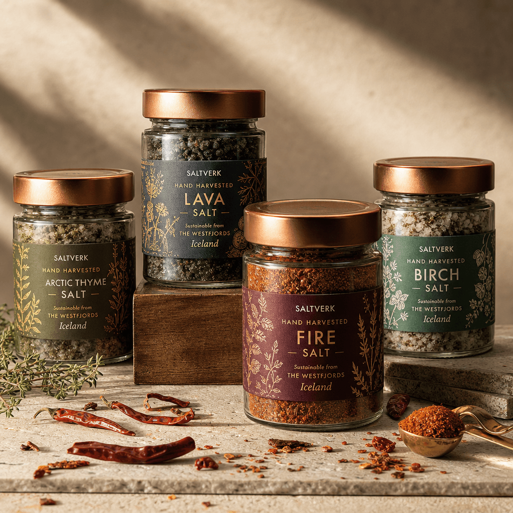 Square food photography: specialty gourmet spice jars in clear glass arranged on neutral background with dramatic raking