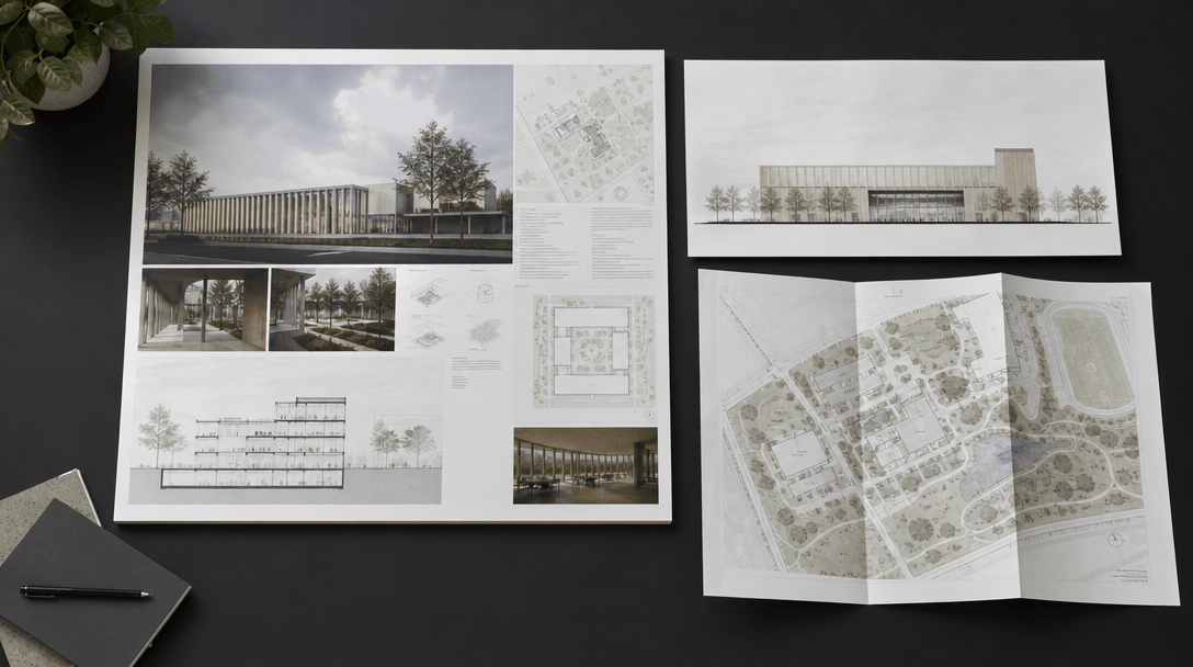 A flat-lay arrangement of architectural deliverables on a dark charcoal surface: a large printed competition board, a pr