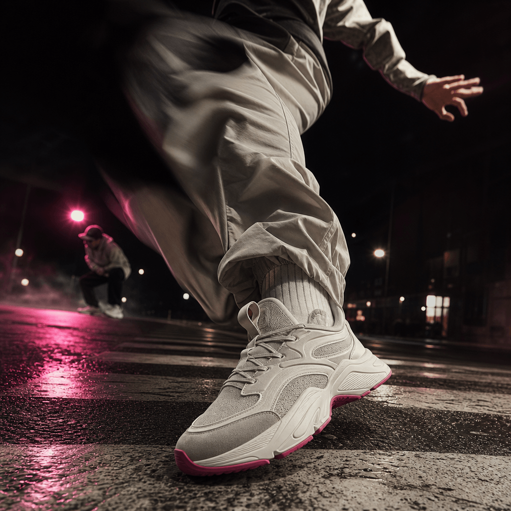 A sneaker-focused urban fashion scene with a dancer landing on one foot across painted road stripes, low camera angle, p
