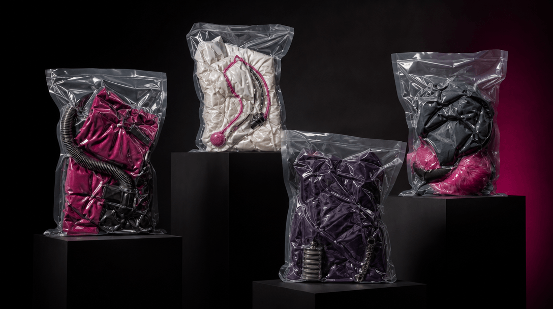 Four distinct vacuum-sealed sculptural packages arranged as a cohesive campaign series on staggered black pedestals, eac