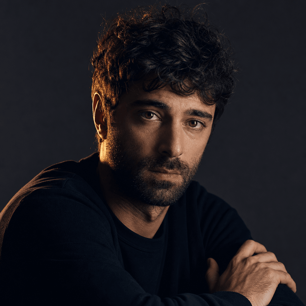 Studio portrait with minimalist dark clothing against a deep charcoal background, rim lighting from the left, cinematic 