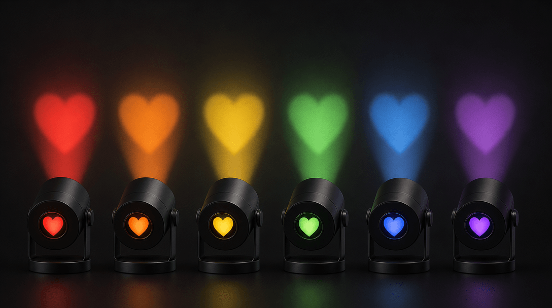Multiple product variations with different heart spotlight colors, professional brand consistency, product display, dark