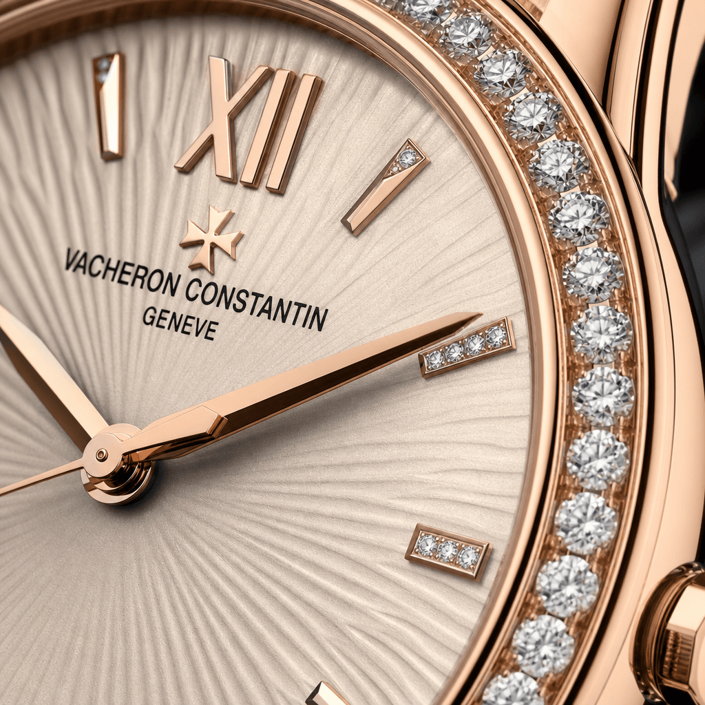Extreme close-up product photography: detail shot of premium watch face or jewelry, macro-style depth of field, fine tex