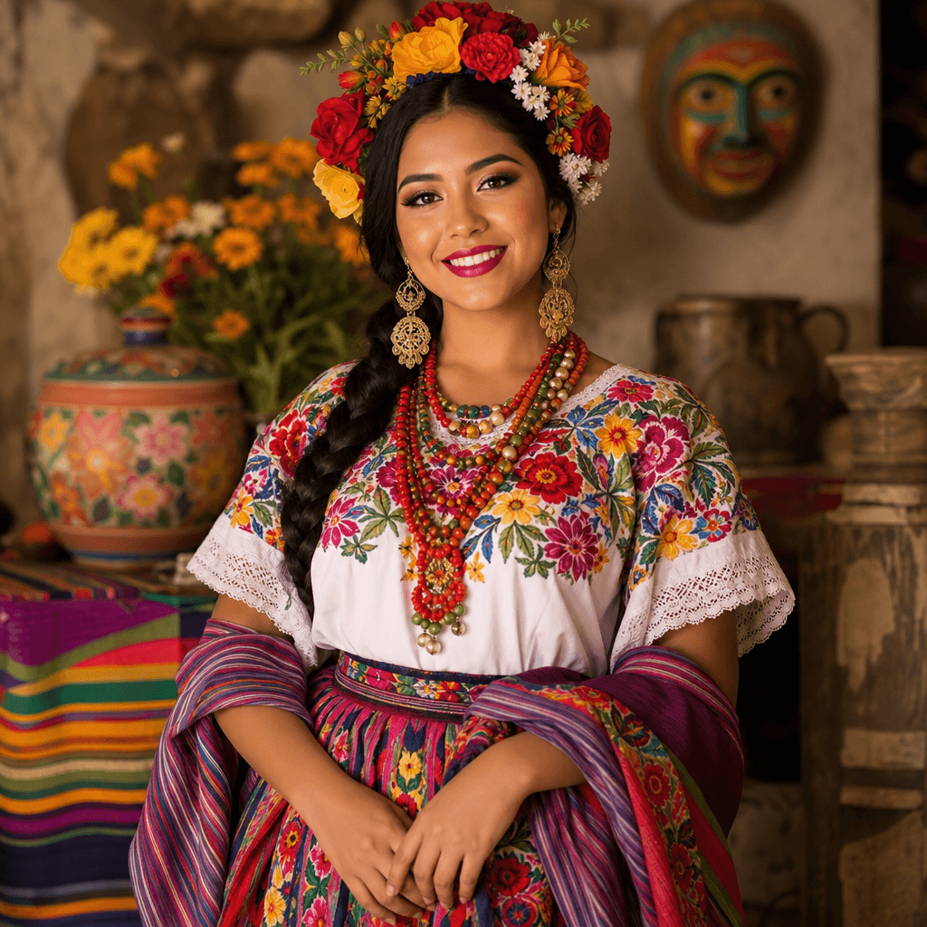 Figure wearing Latin American traditional folk costume, vibrant colors and authentic regional textile patterns, embroide