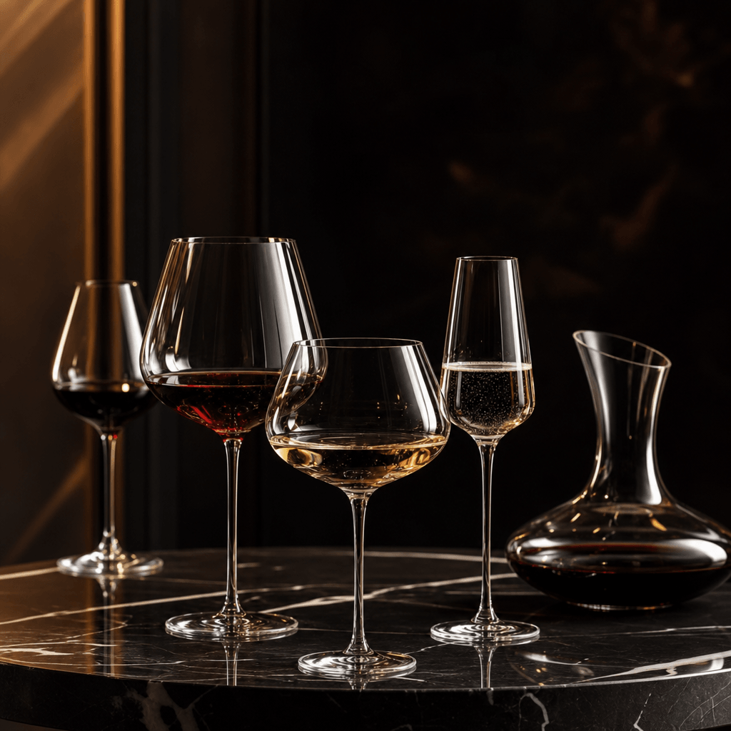Sophisticated spirits arrangement. Multiple premium wine glasses arranged with intention on dark marble surface, soft wa
