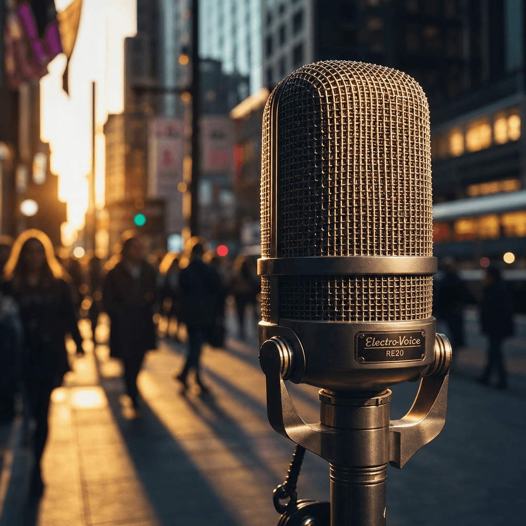Cinematic close-up of a vintage broadcast microphone on a busy downtown sidewalk, warm golden hour street lighting, pede