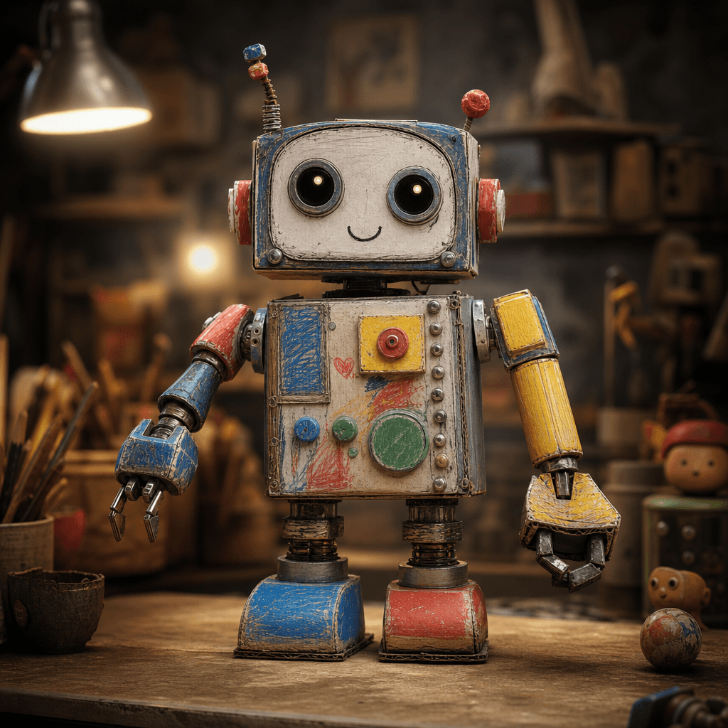 A rough colored-pencil drawing of a friendly robot reconstructed as a living 3D toy in a handcrafted workshop scene. Pre
