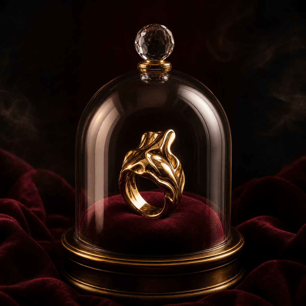 A sculptural gold ring displayed beneath a crystal cloche on dark burgundy velvet, sharp specular highlights tracing the