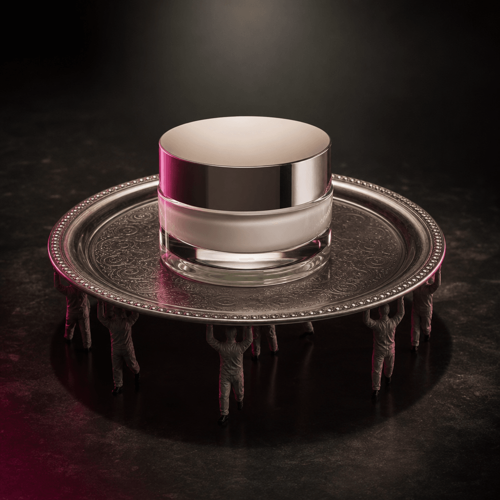 A premium skincare jar delivered on a vast silver platter carried by miniature anonymous workers in a shadowy studio. Th