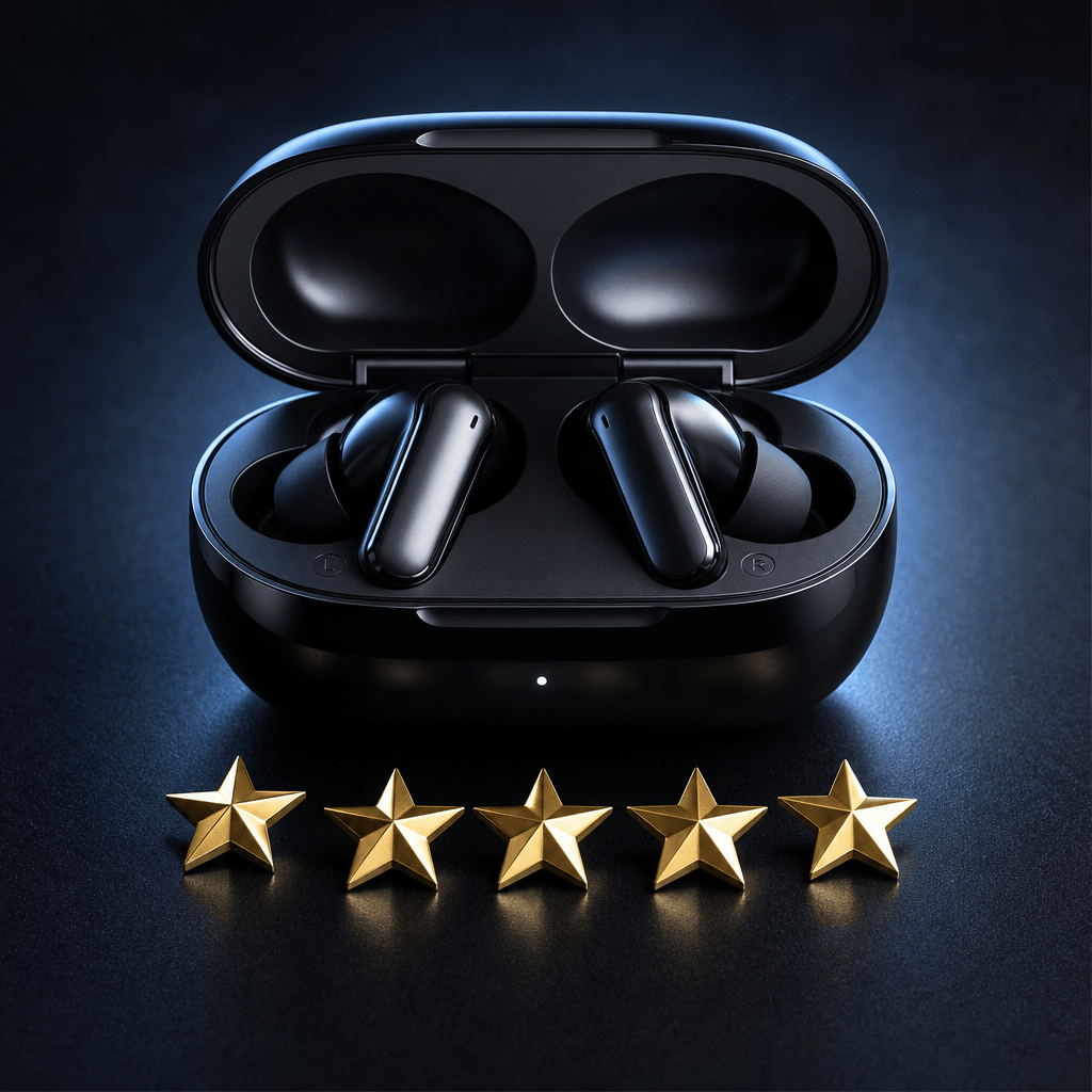 Tech product ecommerce shot: wireless earbuds in a glossy black charging case resting on a deep charcoal surface. Subtle