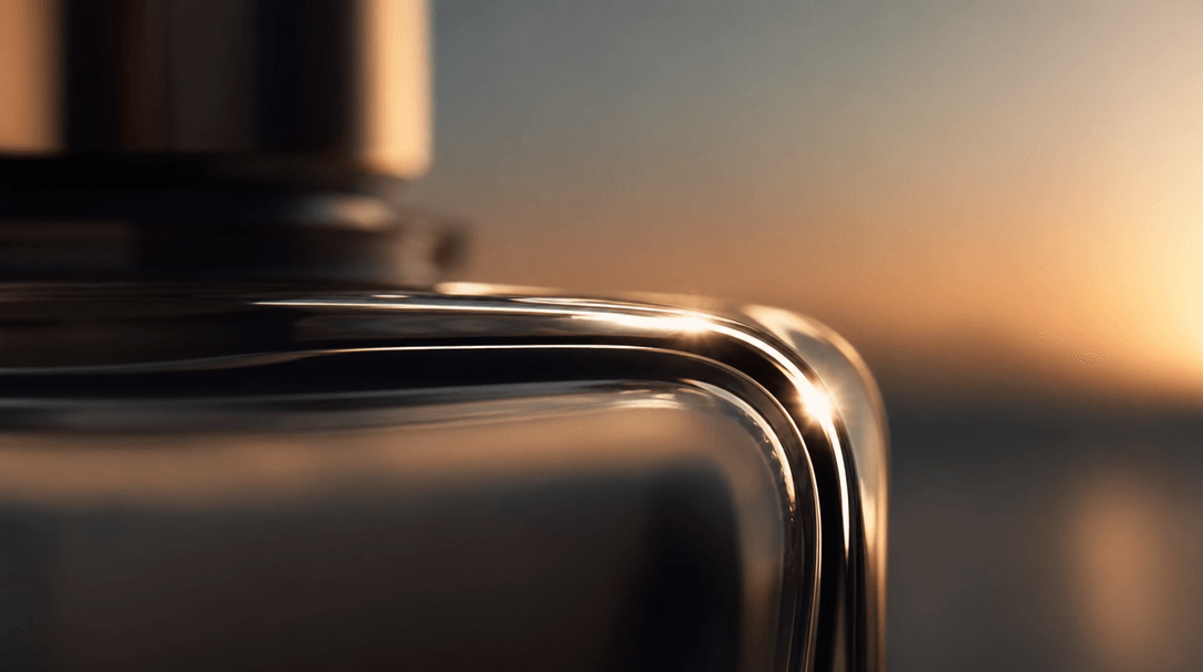 Extreme macro of a transparent glass bottle edge catching a razor-sharp specular highlight, product silhouette receding 