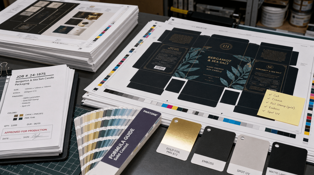 Print shop production files stacked with color proofs and material swatches, professional print setup, manufacturing pre